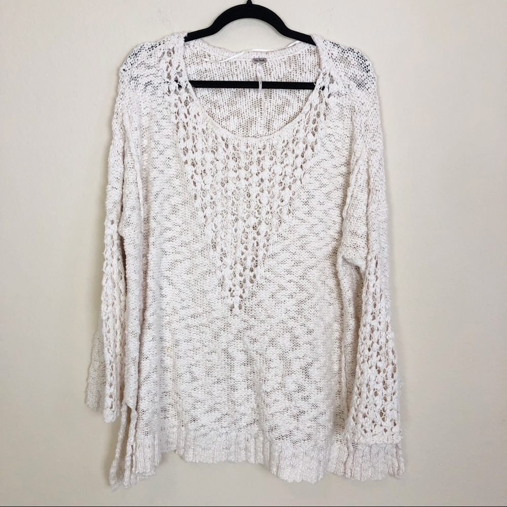 New Free People Crochet Open Knit Bell Sleeve Cotton Pullover Sweater in Cream